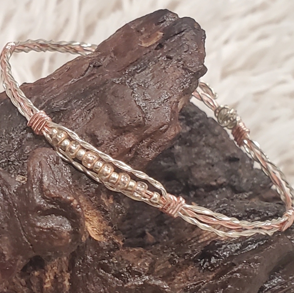Two-Tone Wirewrapped Bracelet -Pink and Silver Wire Bangle - Stackable Bracelet